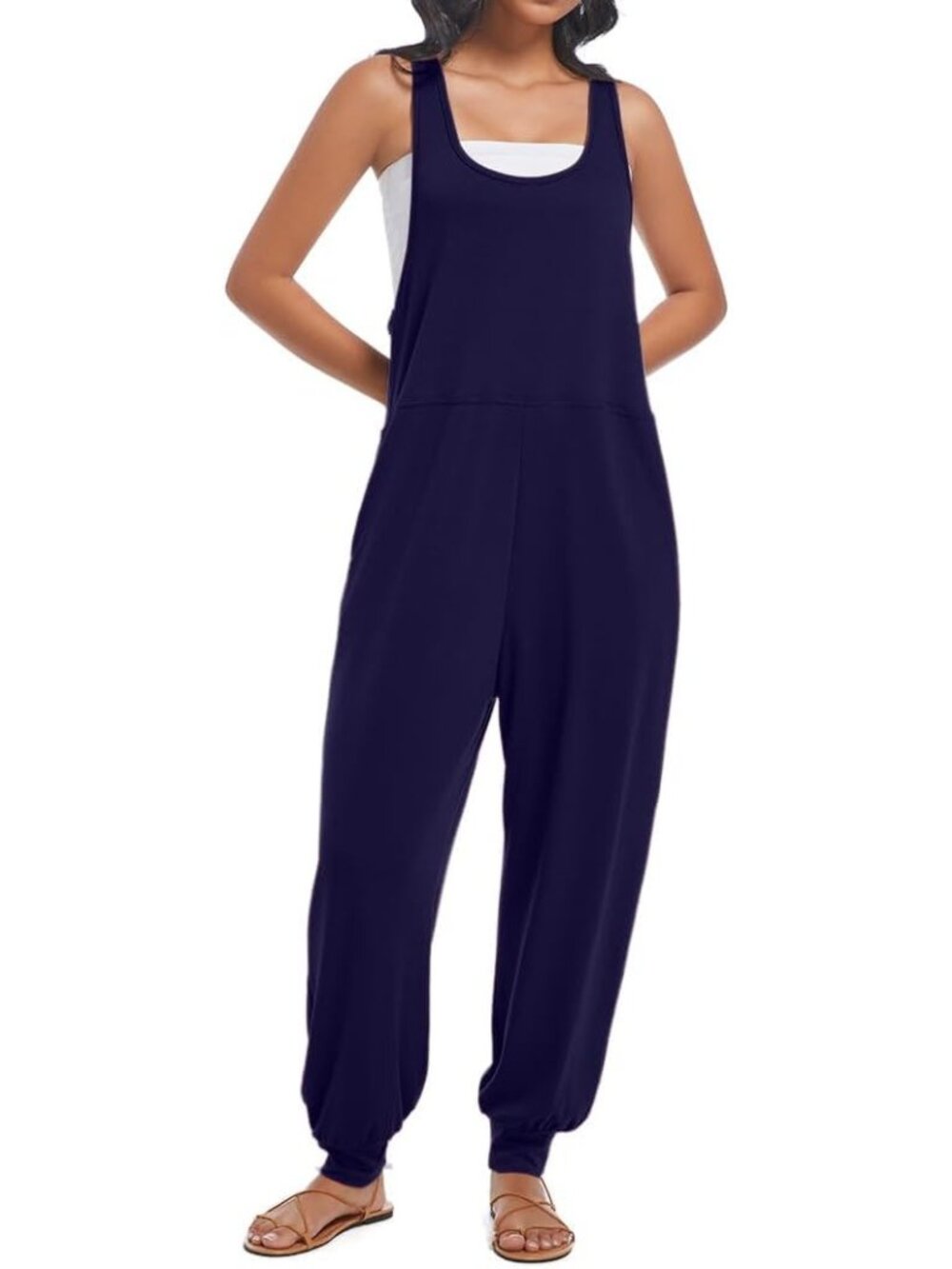 Women's Dark Blue Casual Loose Jumpsuits Harem Long Pants Sleeveless Romper - Picture 2 of 6